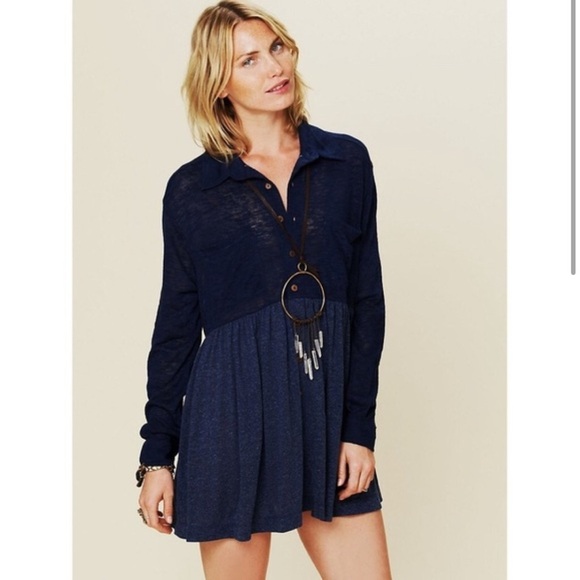 FREE PEOPLE Beach Blue Linen Button up Dress S - Picture 1 of 9